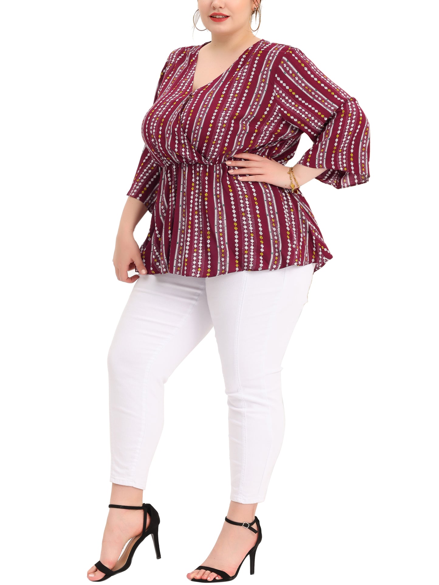 Women Plus Size Top Boho Work V Neck Striped Peplum Blouse