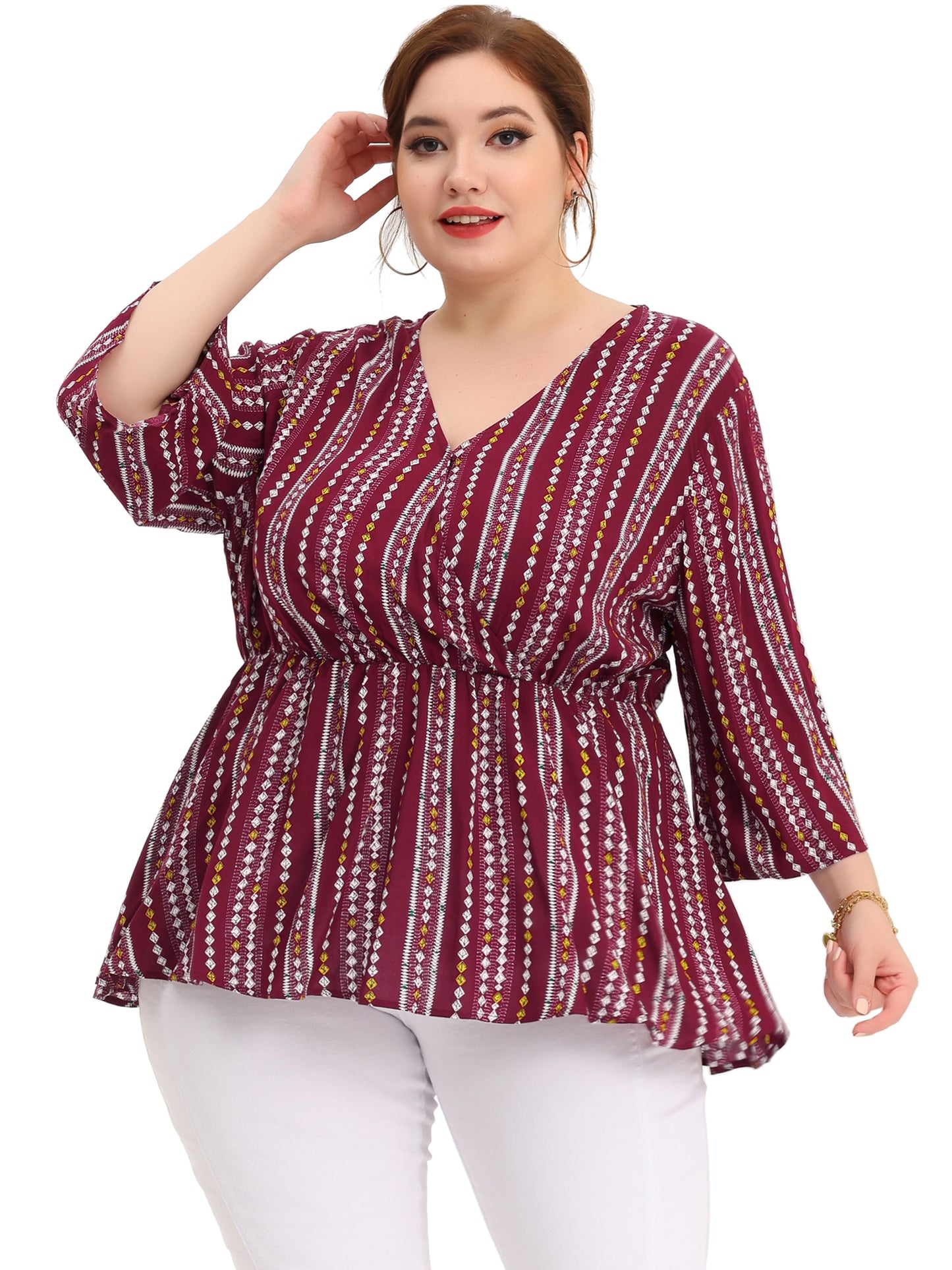 Women Plus Size Top Boho Work V Neck Striped Peplum Blouse