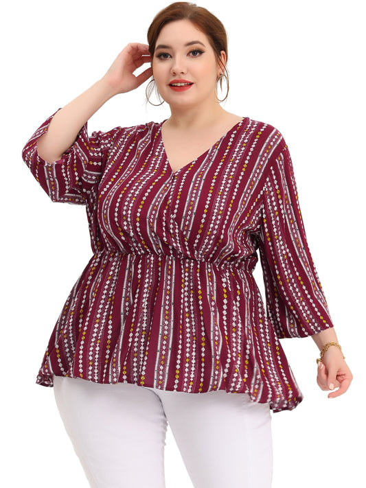 Women Plus Size Top Boho Work V Neck Striped Peplum Blouse