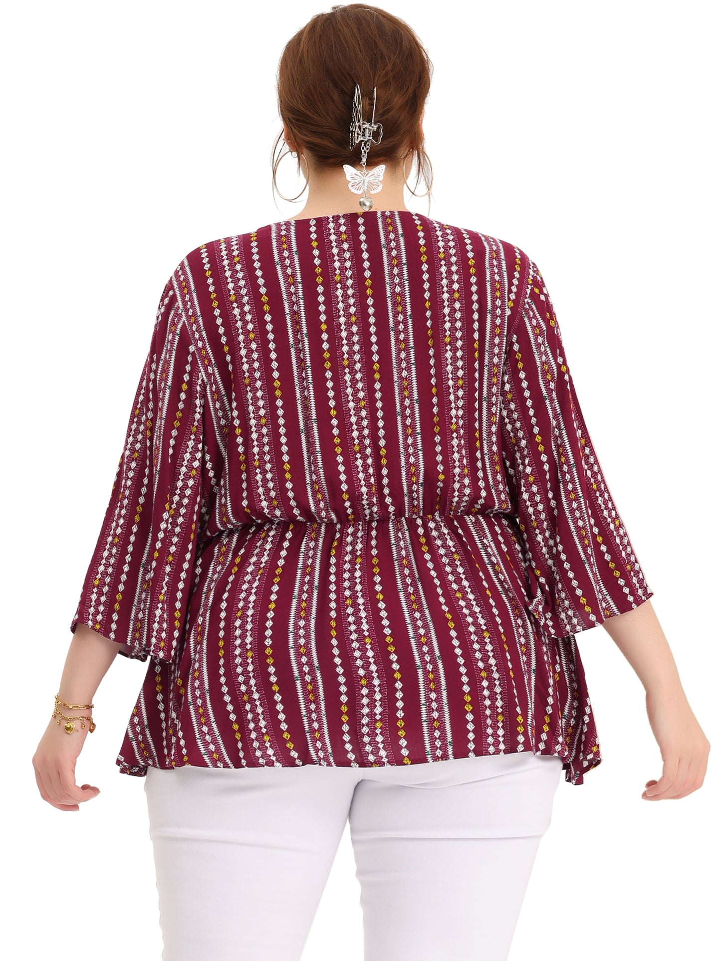 Women Plus Size Top Boho Work V Neck Striped Peplum Blouse