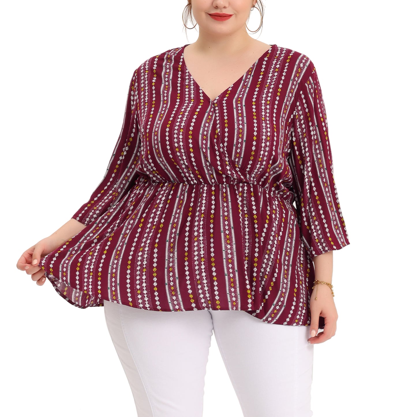 Women Plus Size Top Boho Work V Neck Striped Peplum Blouse