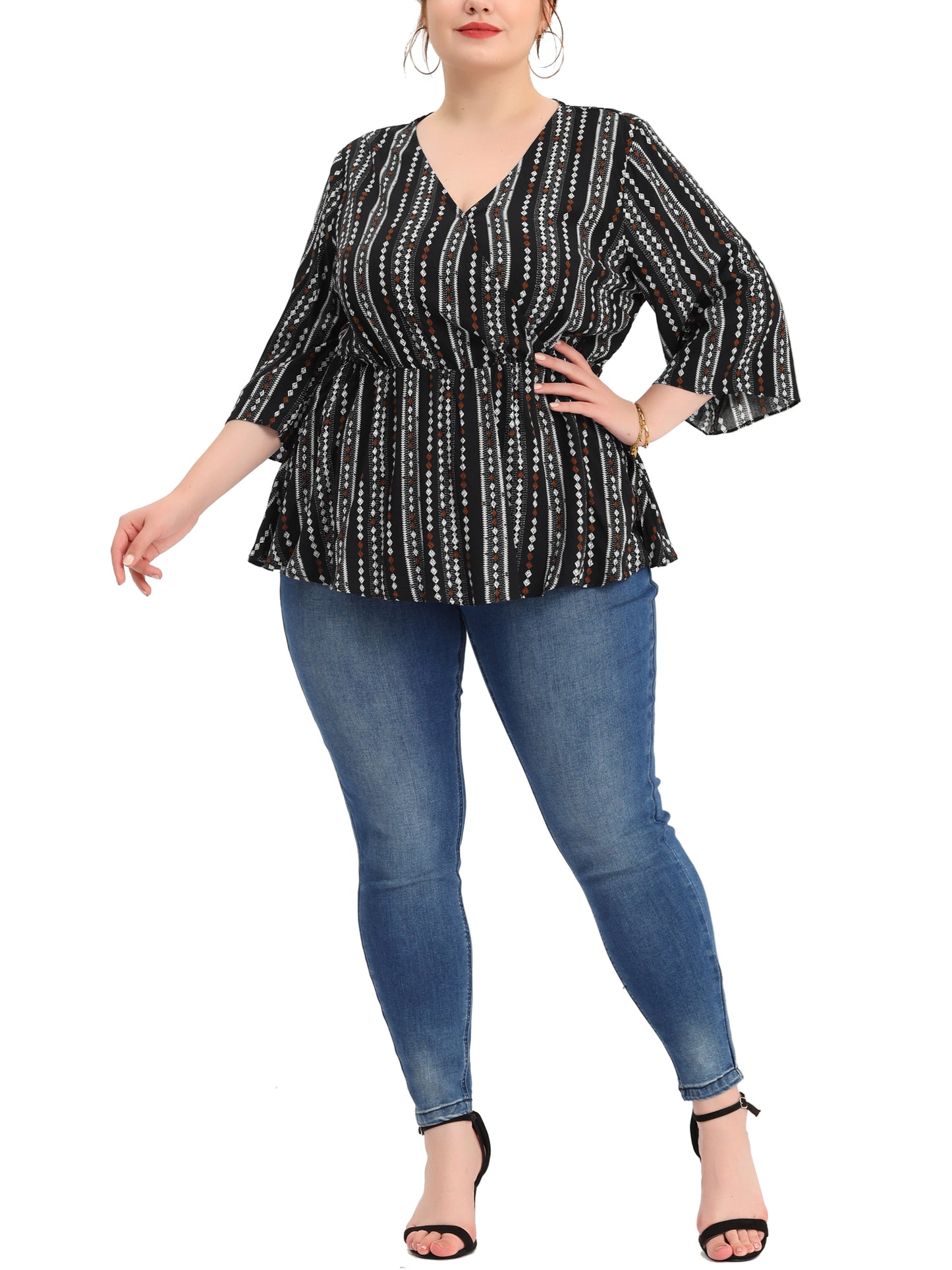 Women Plus Size Top Boho Work V Neck Striped Peplum Blouse