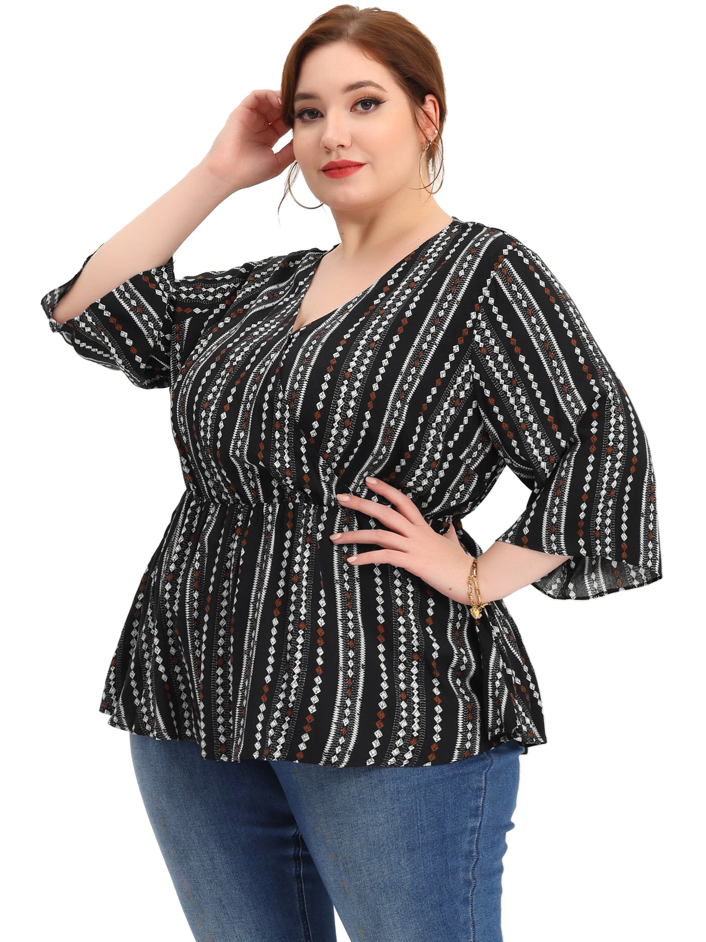 Women Plus Size Top Boho Work V Neck Striped Peplum Blouse