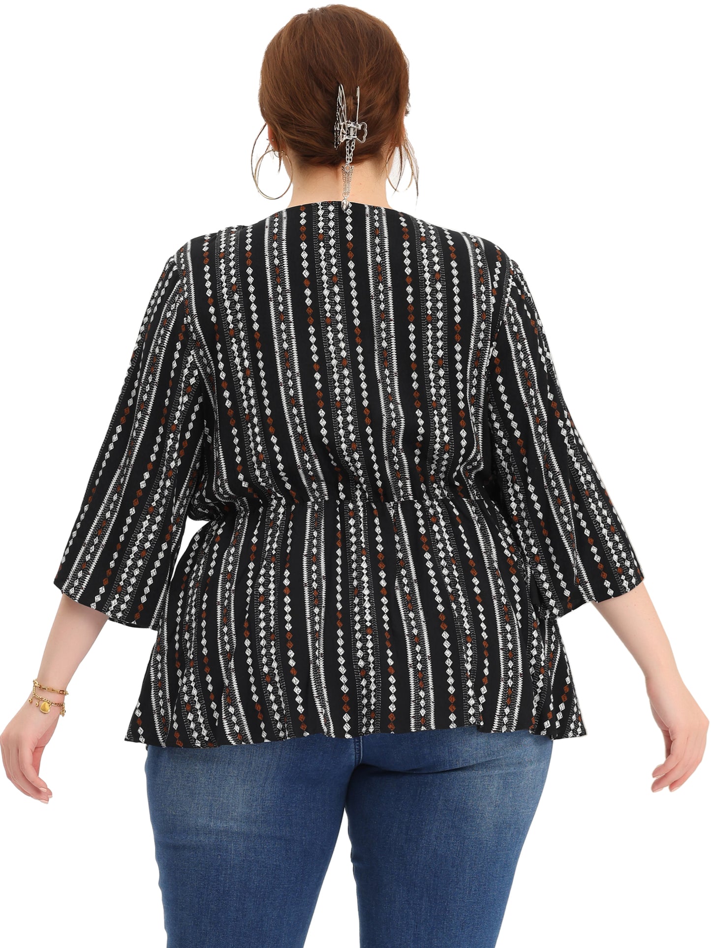 Women Plus Size Top Boho Work V Neck Striped Peplum Blouse