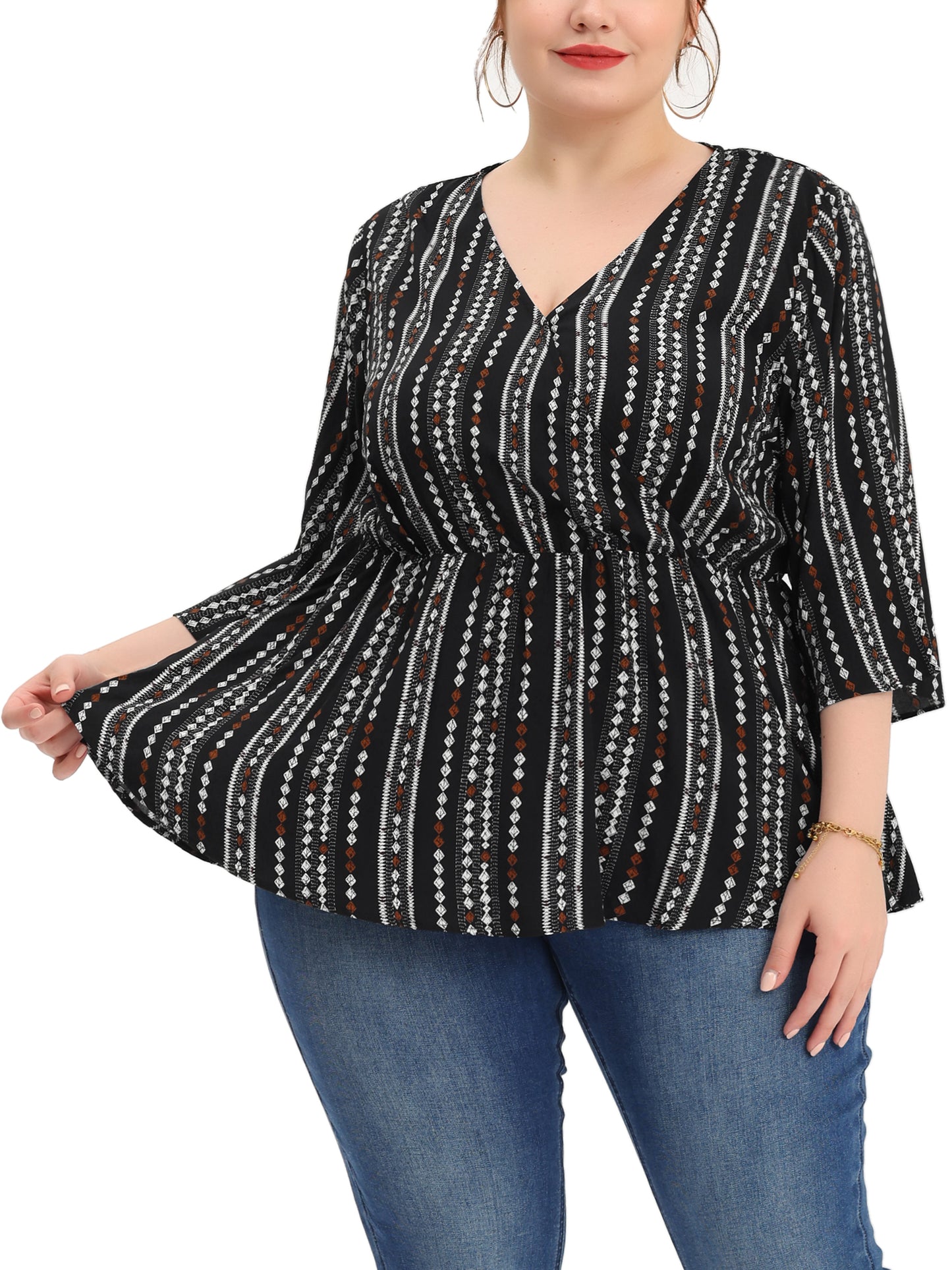 Women Plus Size Top Boho Work V Neck Striped Peplum Blouse