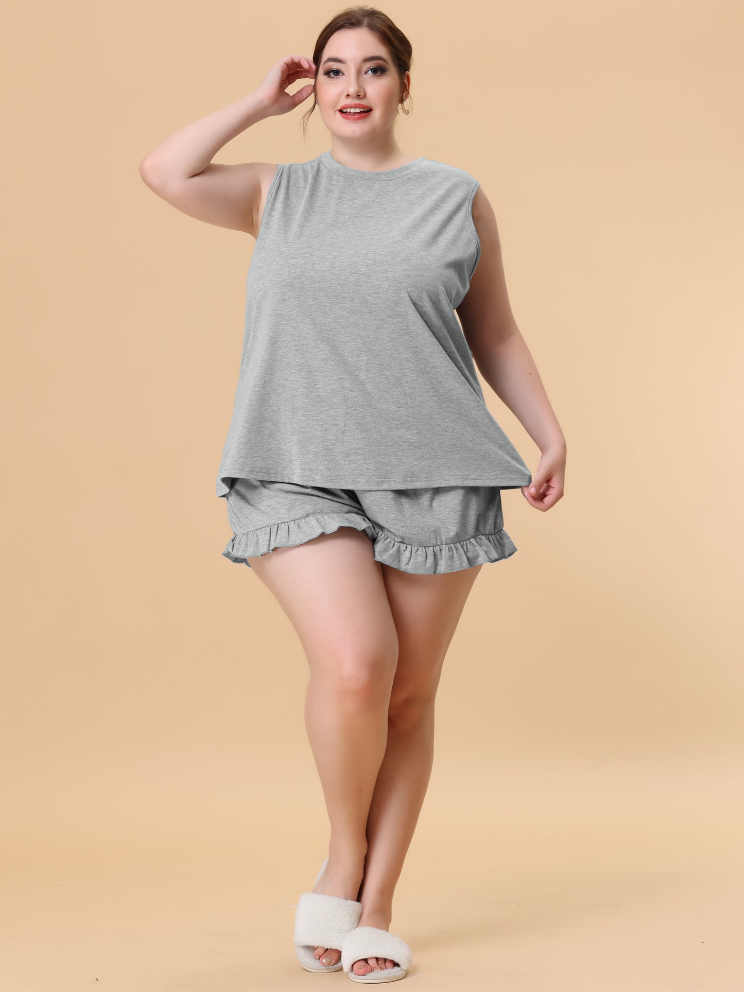 Women Plus Size Pajamas Set Ruffle Knit Sleeveless Tank Top 2 Piece PJ Sets Loungewear