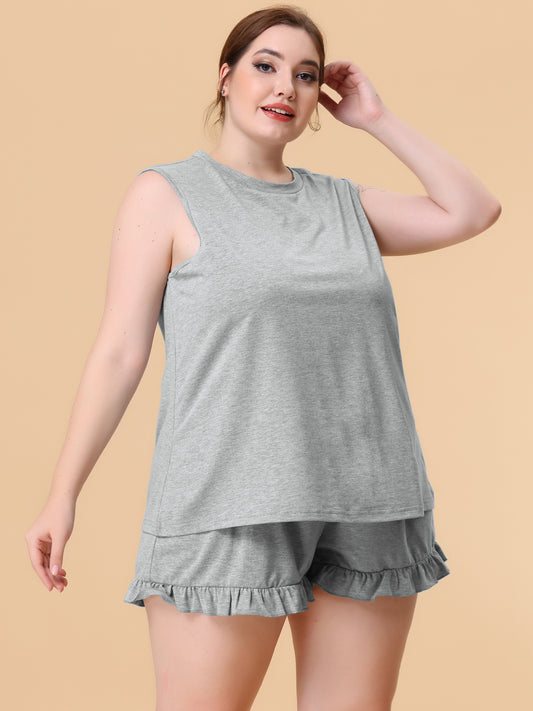 Women Plus Size Pajamas Set Ruffle Knit Sleeveless Tank Top 2 Piece PJ Sets Loungewear