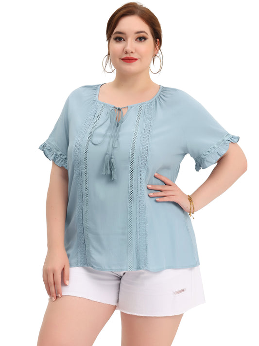 Women Plus Size Blouse Tie Neck Ruffle Short Sleeve Summer Lace Crochet Top