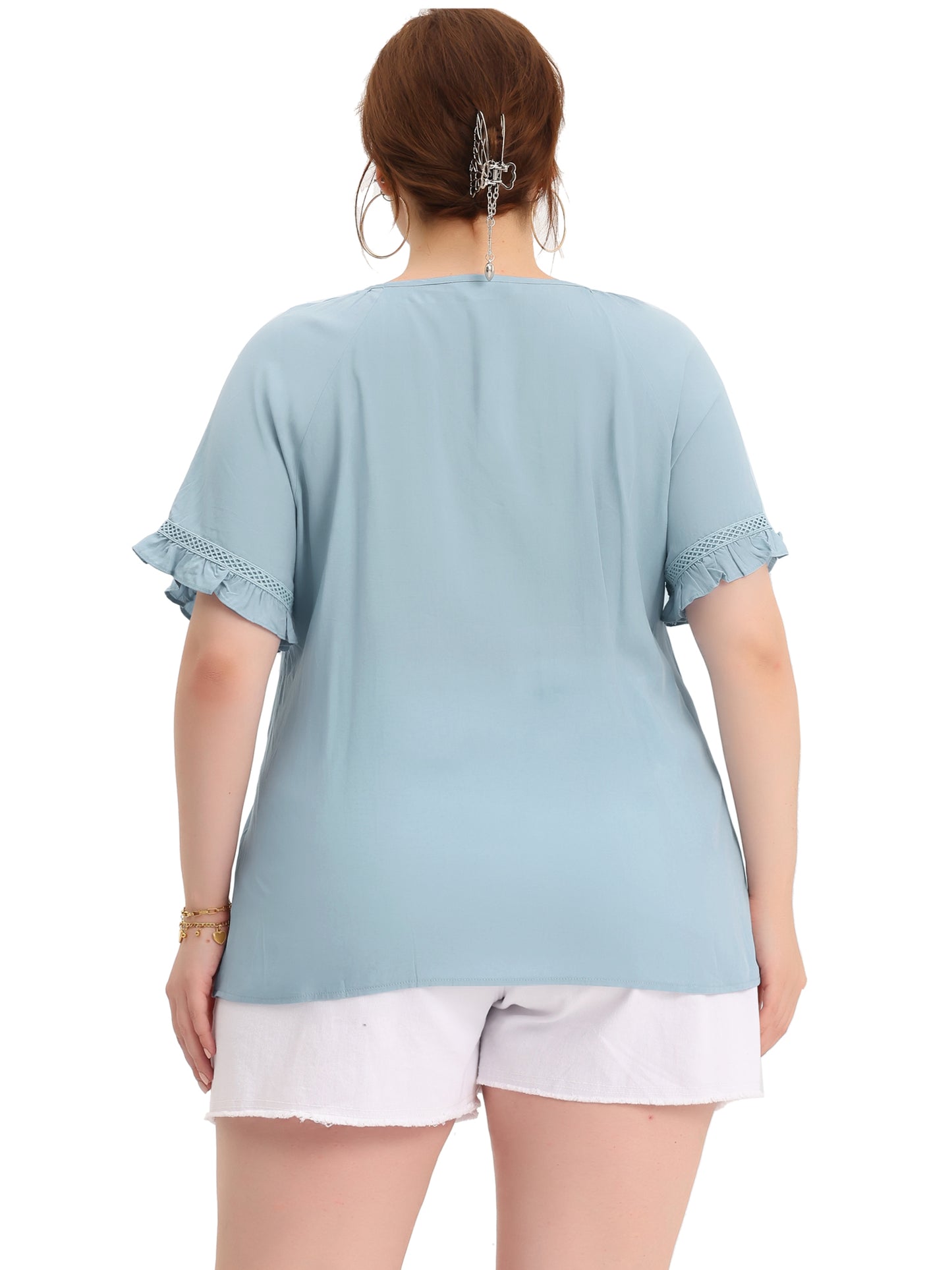Women Plus Size Blouse Tie Neck Ruffle Short Sleeve Summer Lace Crochet Top