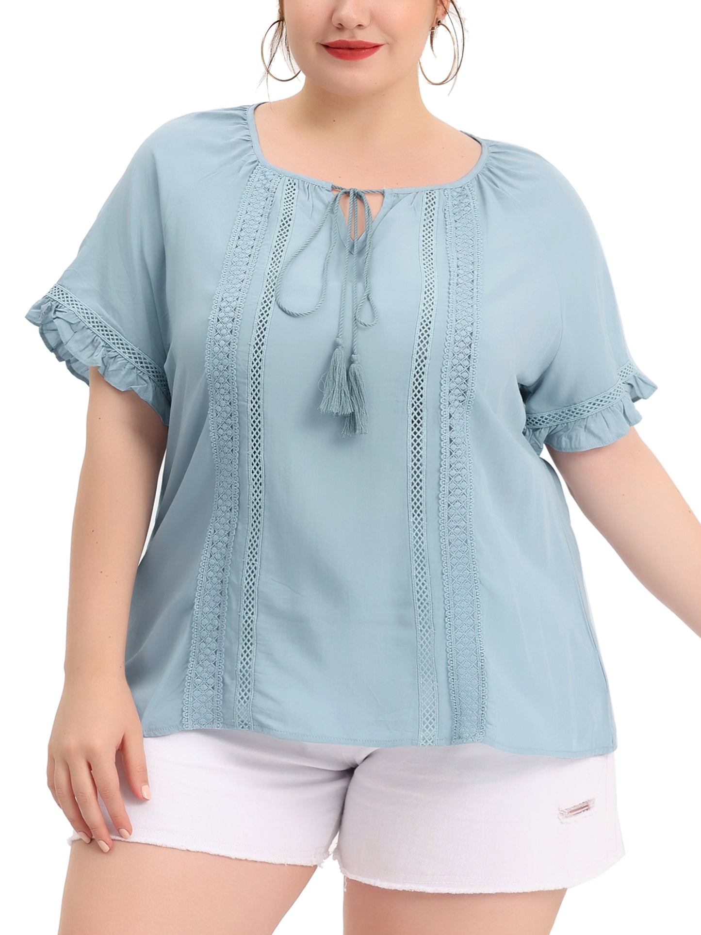 Women Plus Size Blouse Tie Neck Ruffle Short Sleeve Summer Lace Crochet Top