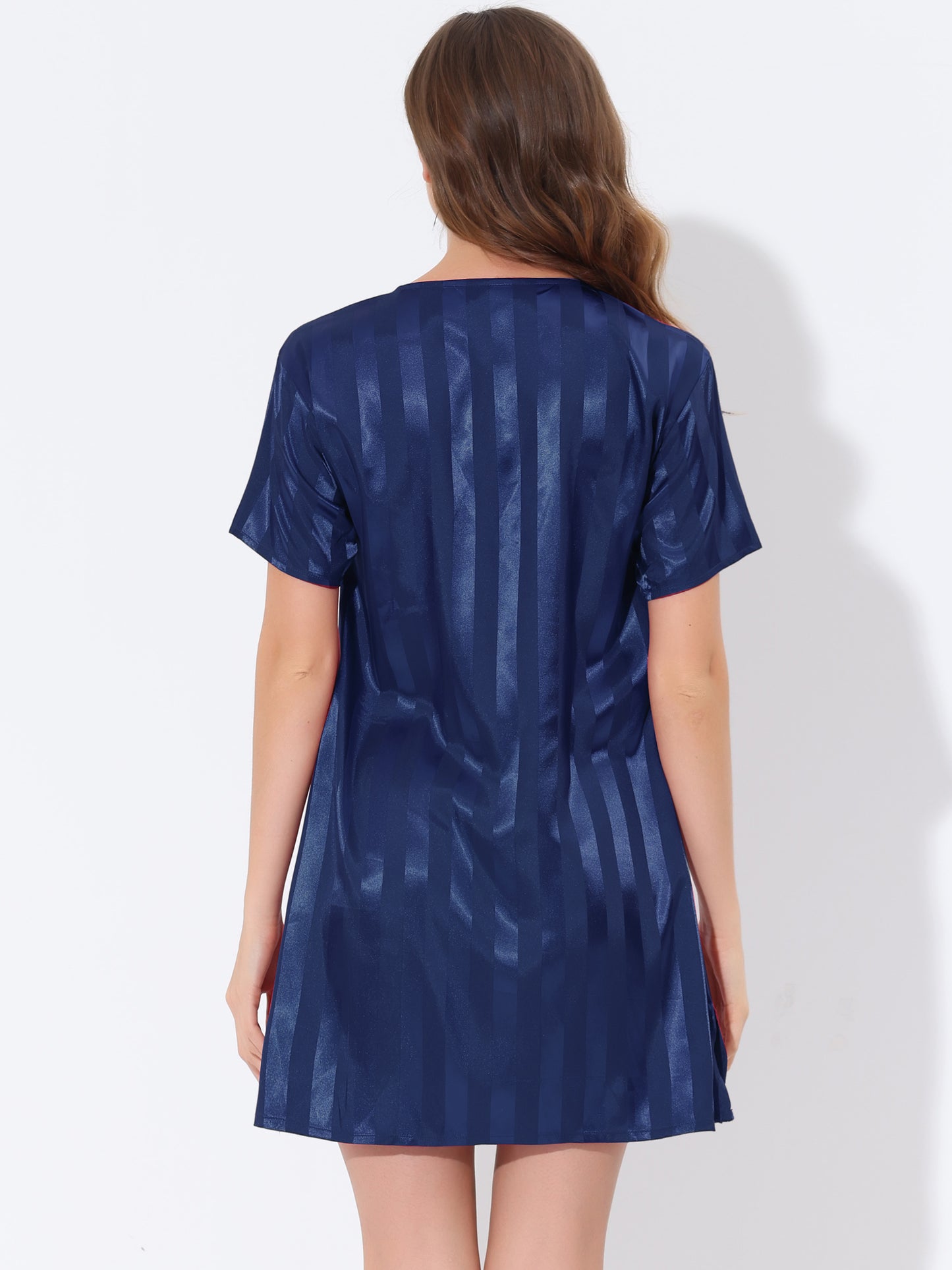cheibear Pajamas Satin Dress Nightshirt Short Sleeves Lounge Sleepwear Nightgown Blue