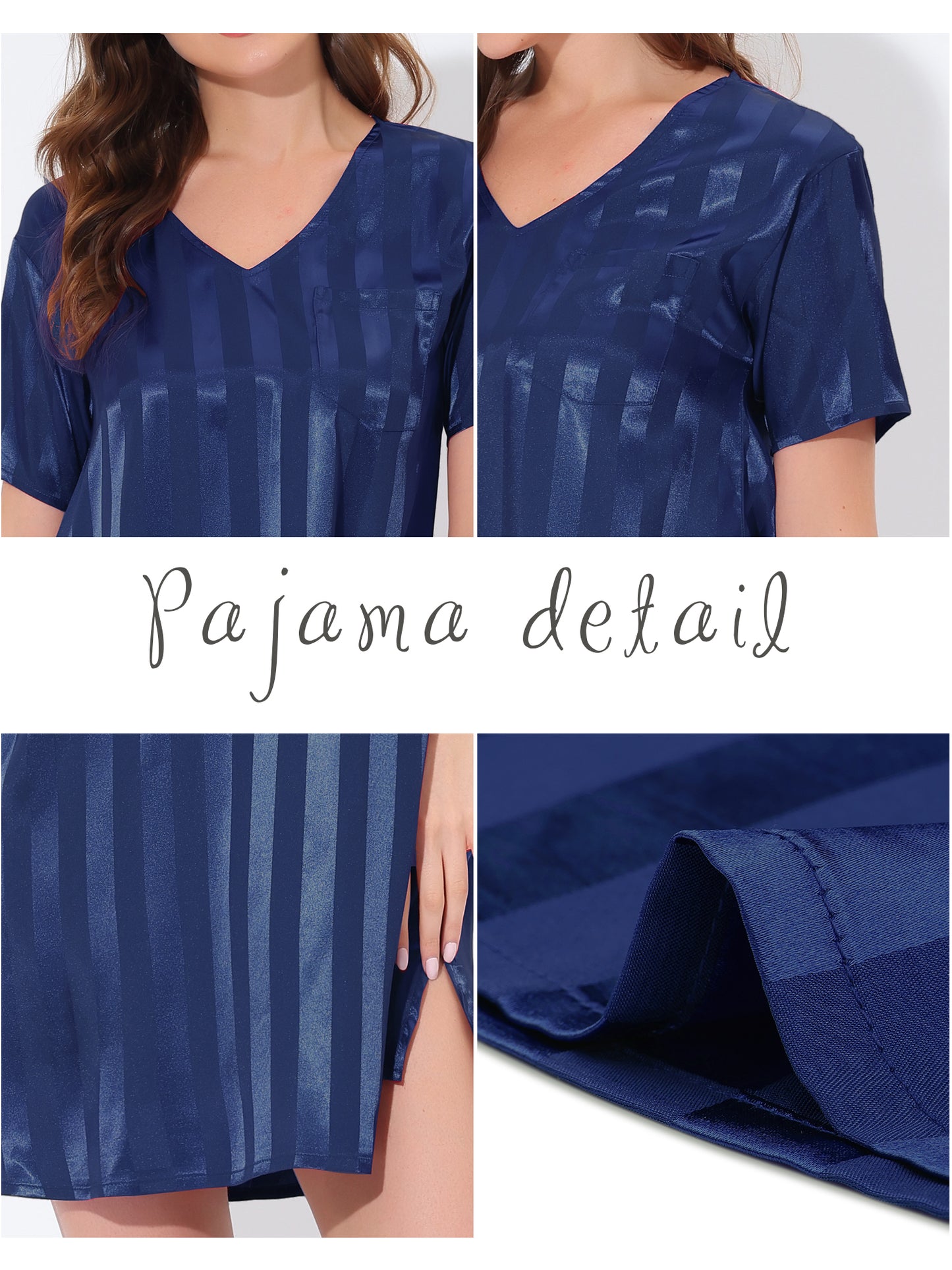 cheibear Pajamas Satin Dress Nightshirt Short Sleeves Lounge Sleepwear Nightgown Blue