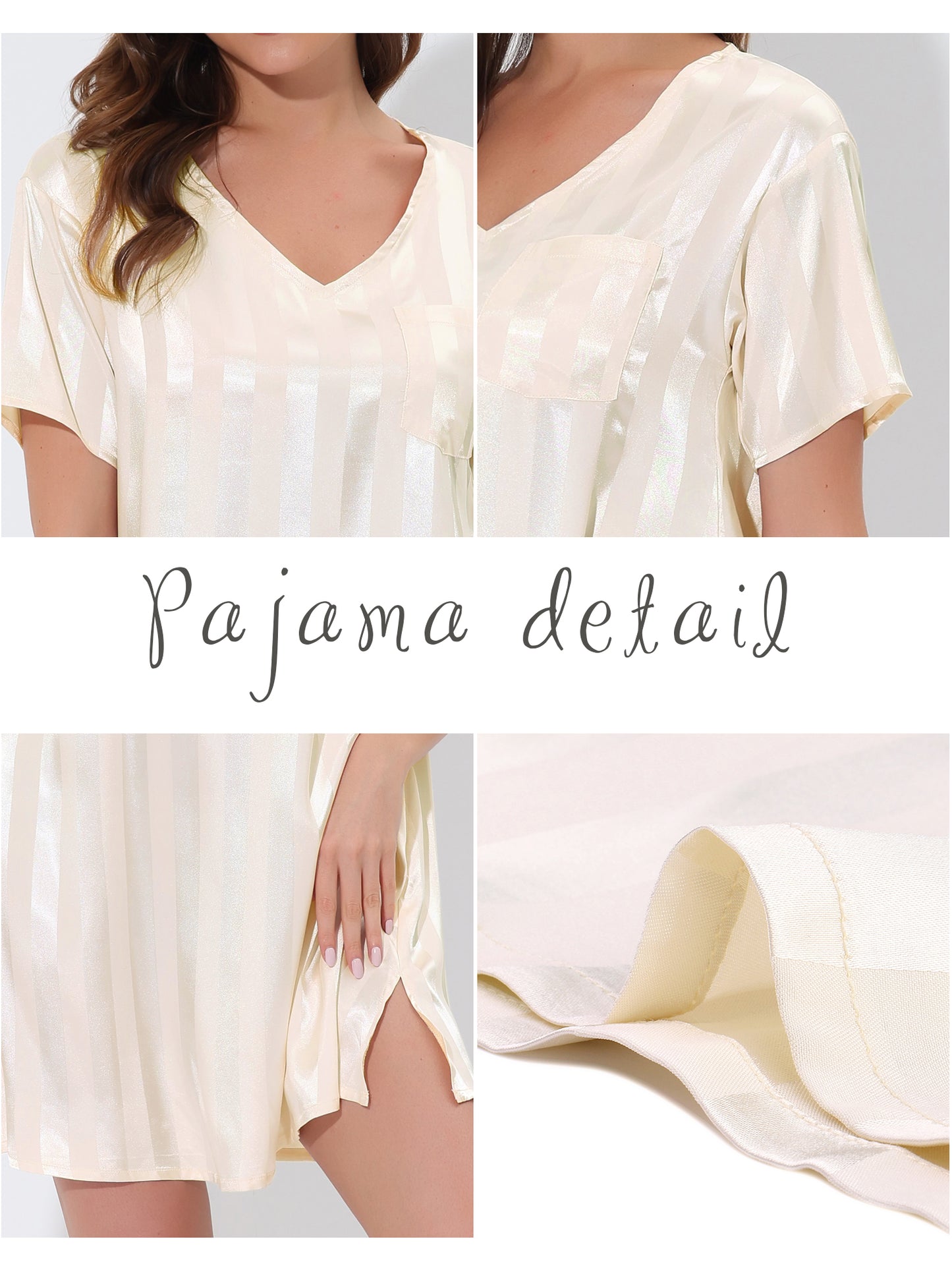 cheibear Pajamas Satin Dress Nightshirt Short Sleeves Lounge Sleepwear Nightgown Apricot