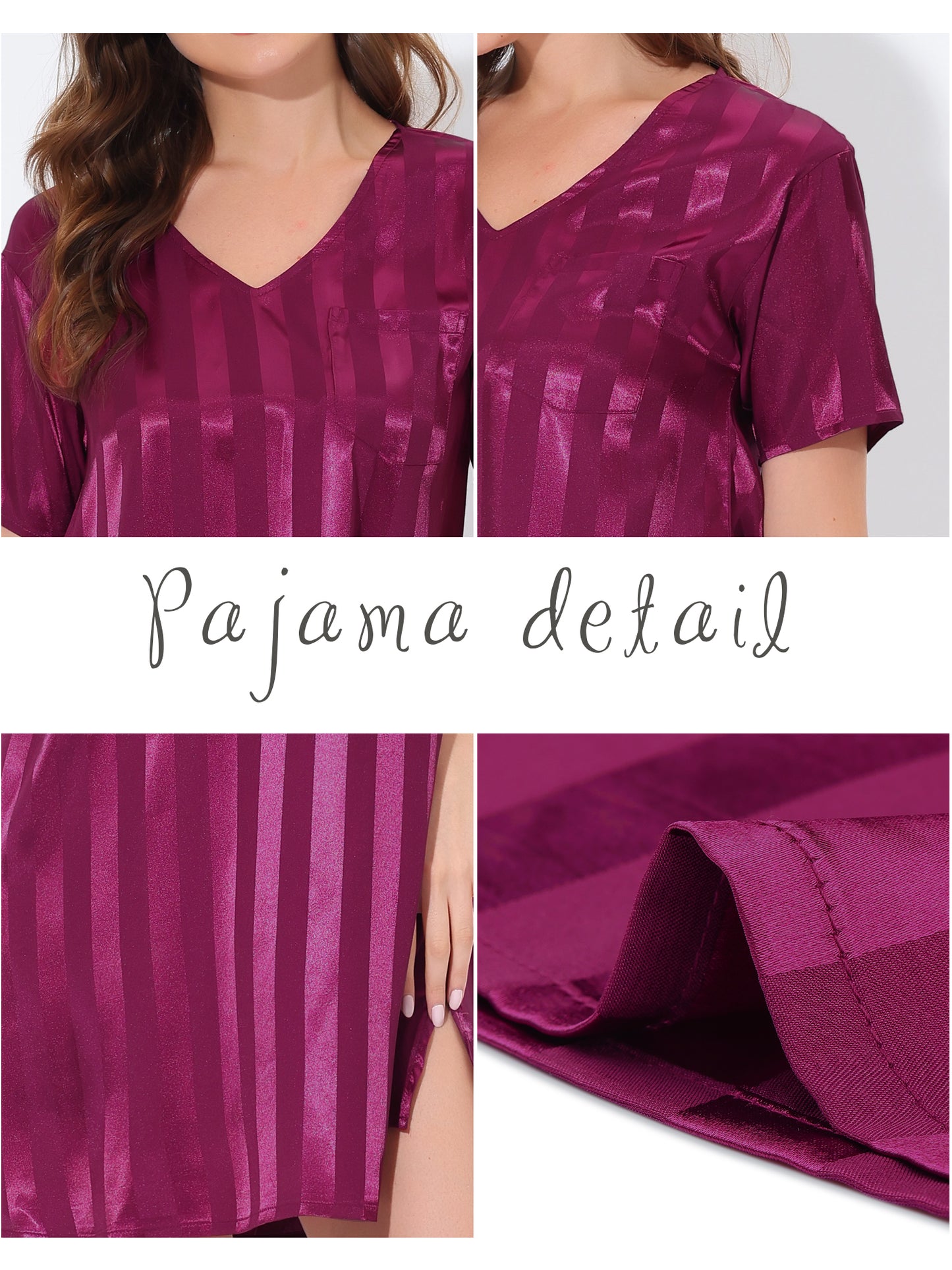 cheibear Pajamas Satin Dress Nightshirt Short Sleeves Lounge Sleepwear Nightgown Purple Red