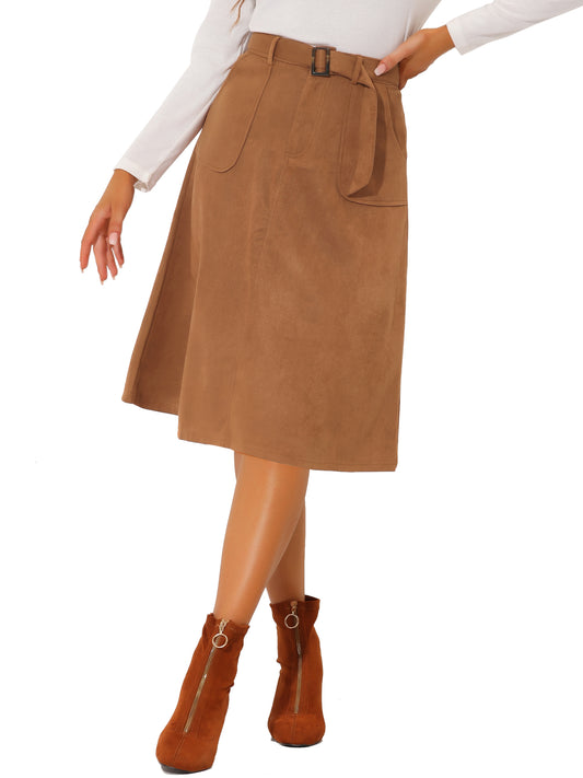 Women's Faux Suede Pockets Stretch A-Line Midi Skirt with Belt (Available in Plus Size)