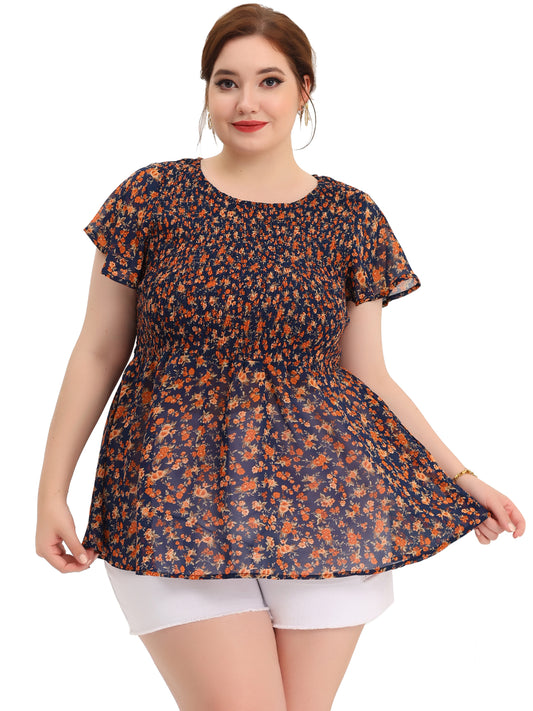 Women Plus Size Chiffon Blouse Summer Flare Short Sleeve Smocked Ditsy Floral Peplum Top