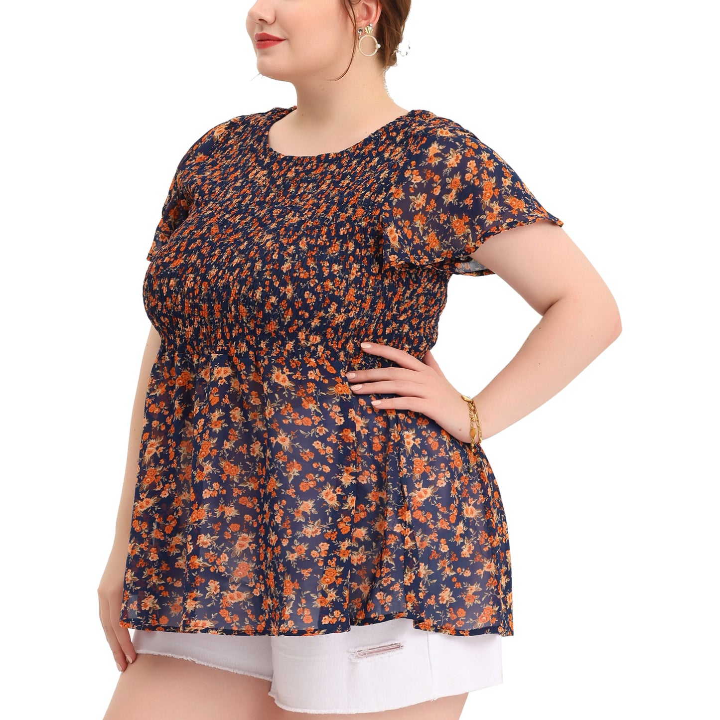Women Plus Size Chiffon Blouse Summer Flare Short Sleeve Smocked Ditsy Floral Peplum Top