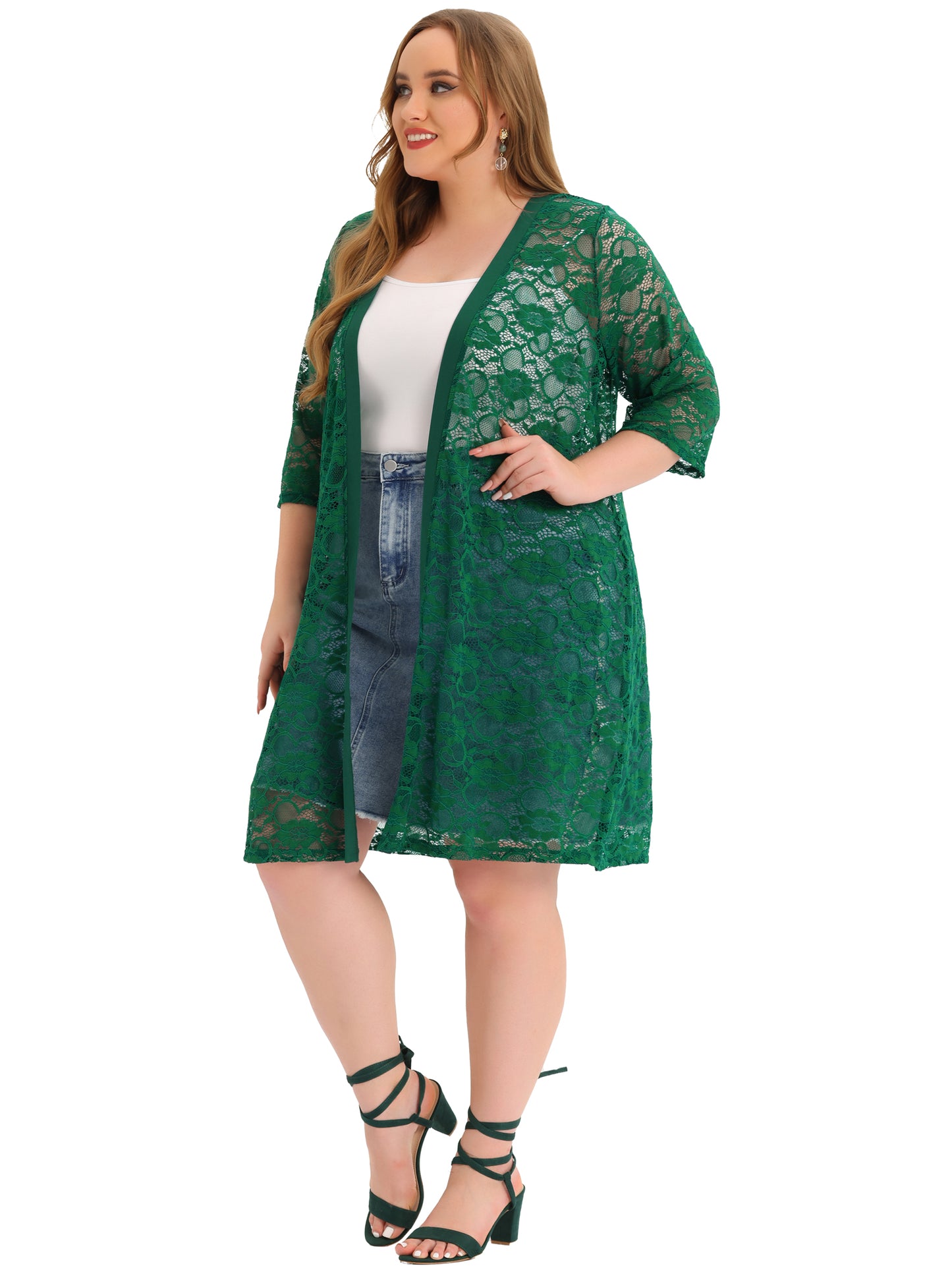 Women Plus Size Cardigans Lace Lightweight Crochet 3/4 Sleeve Cover Up Jacket