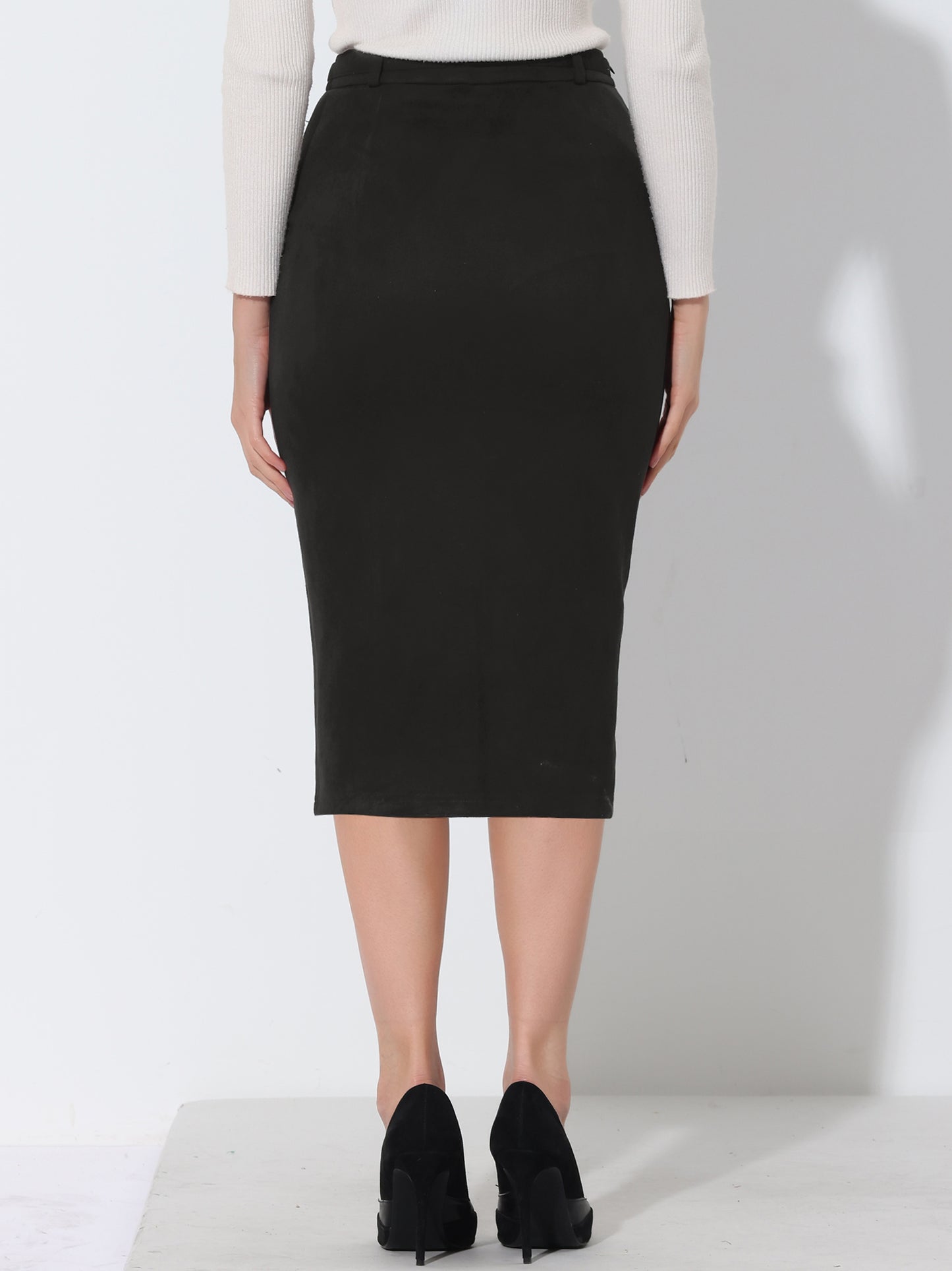 Falda tubo ajustada de cintura alta con cinturón y dobladillo dividido de ante sintético para mujer