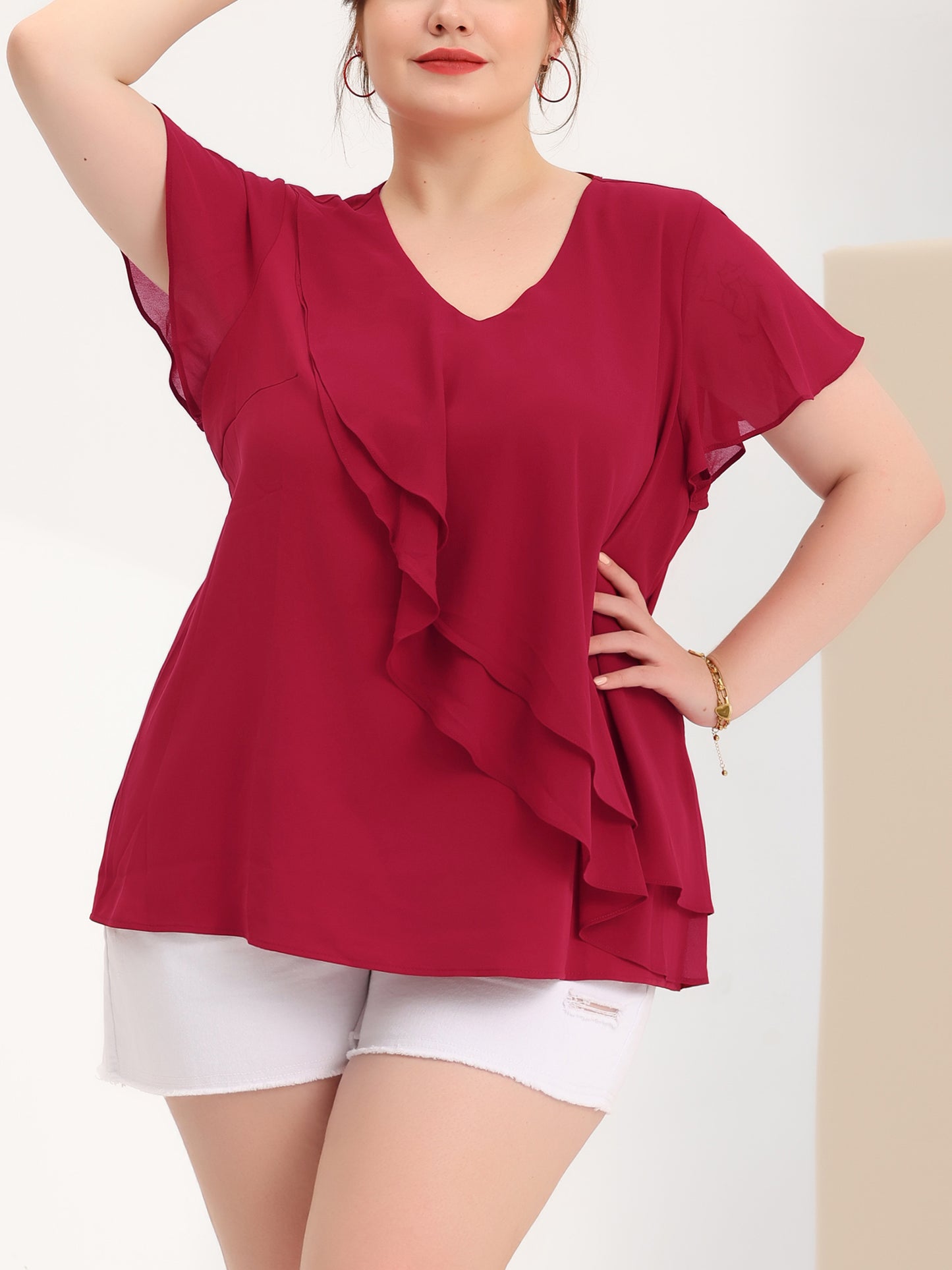 Women Plus Size Flutter Sleeves Tops V Neck Layer Chiffon Blouse Ruffle Top