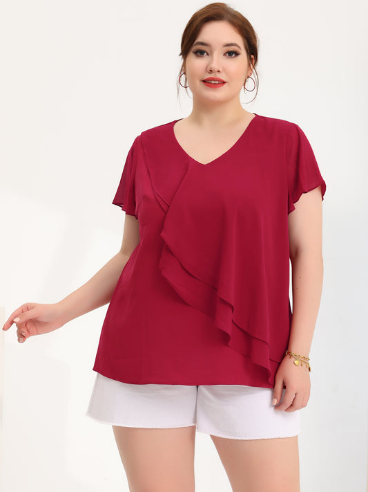 Women Plus Size Flutter Sleeves Tops V Neck Layer Chiffon Blouse Ruffle Top