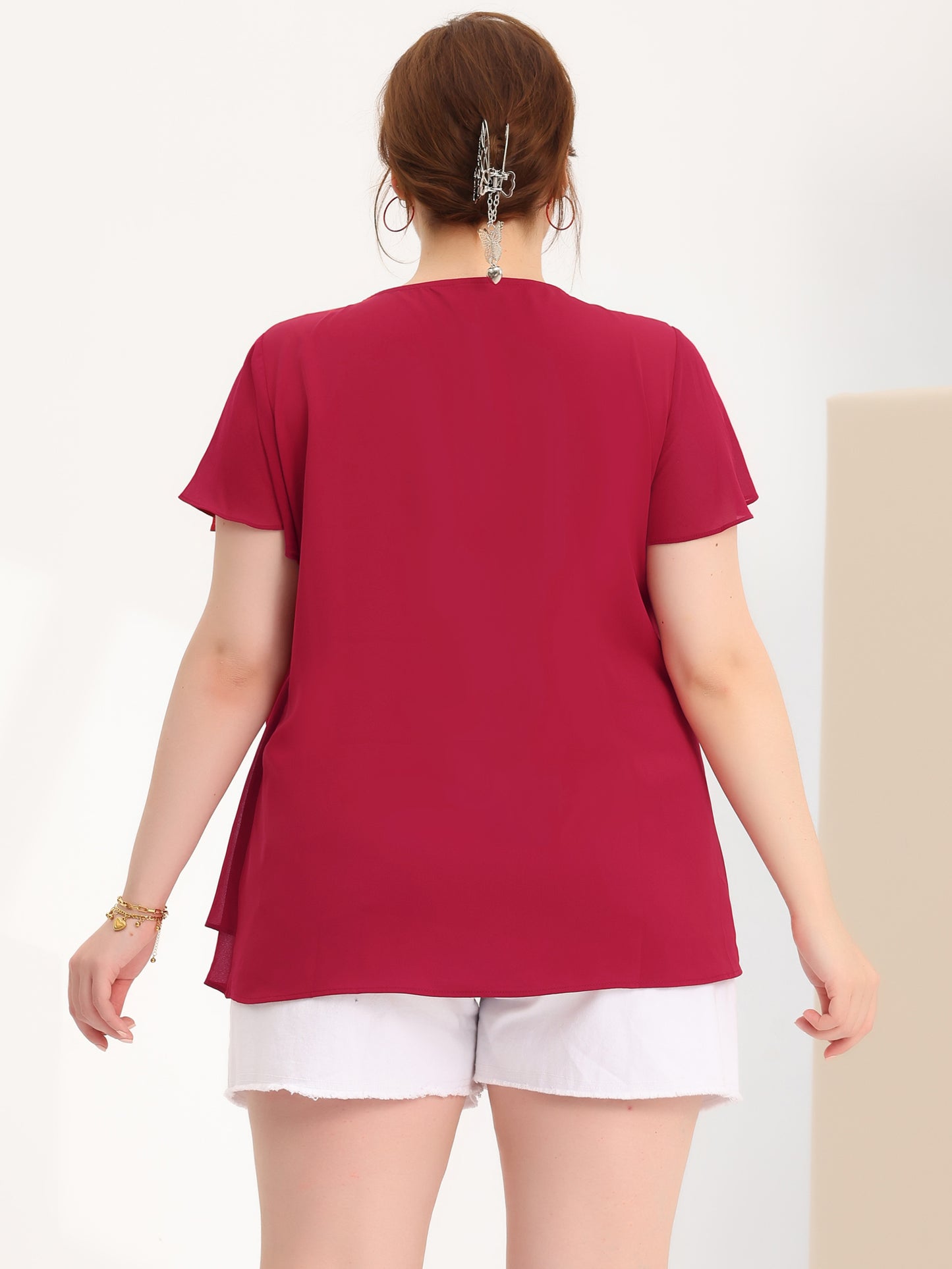 Women Plus Size Flutter Sleeves Tops V Neck Layer Chiffon Blouse Ruffle Top
