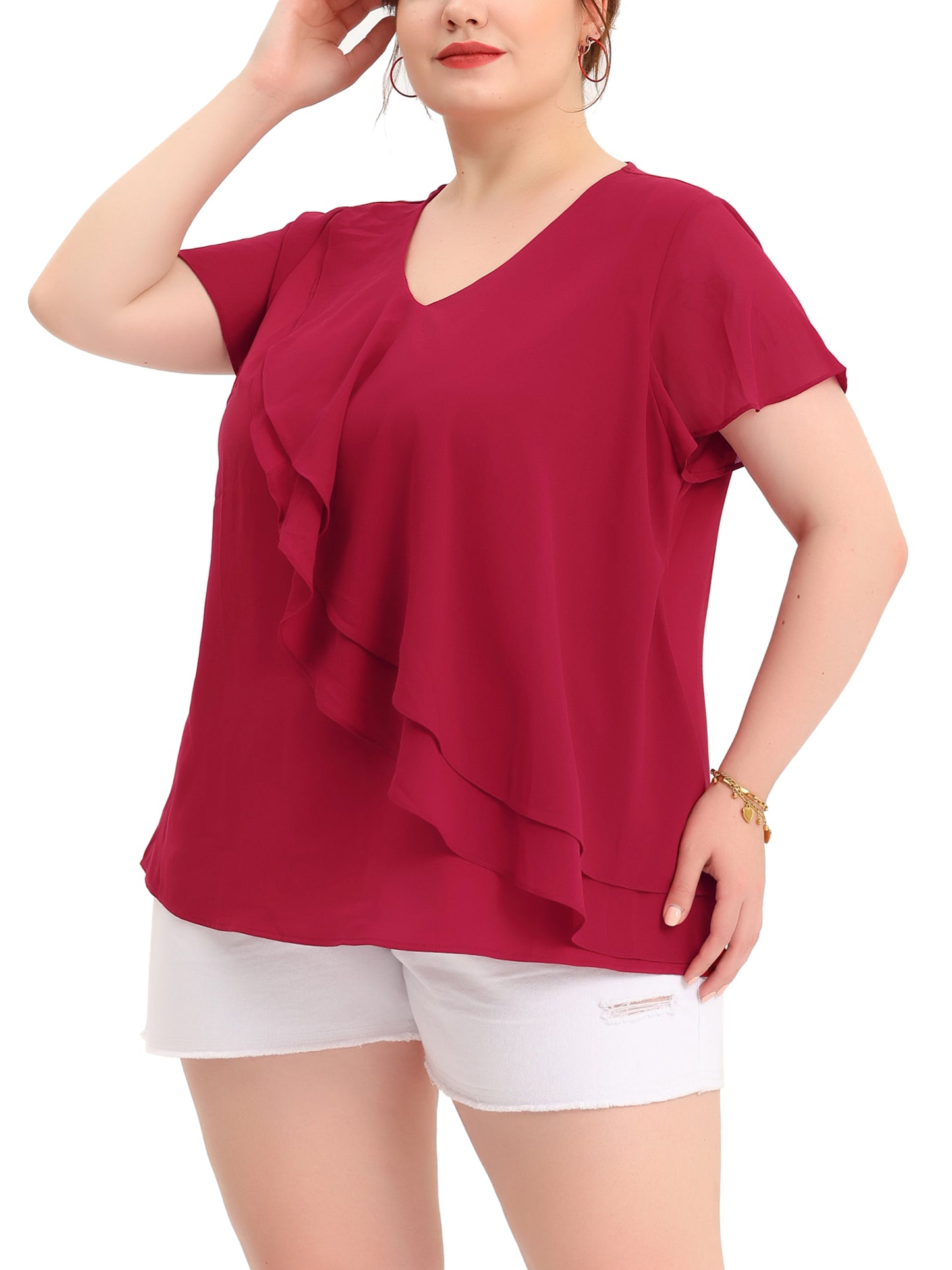 Women Plus Size Flutter Sleeves Tops V Neck Layer Chiffon Blouse Ruffle Top