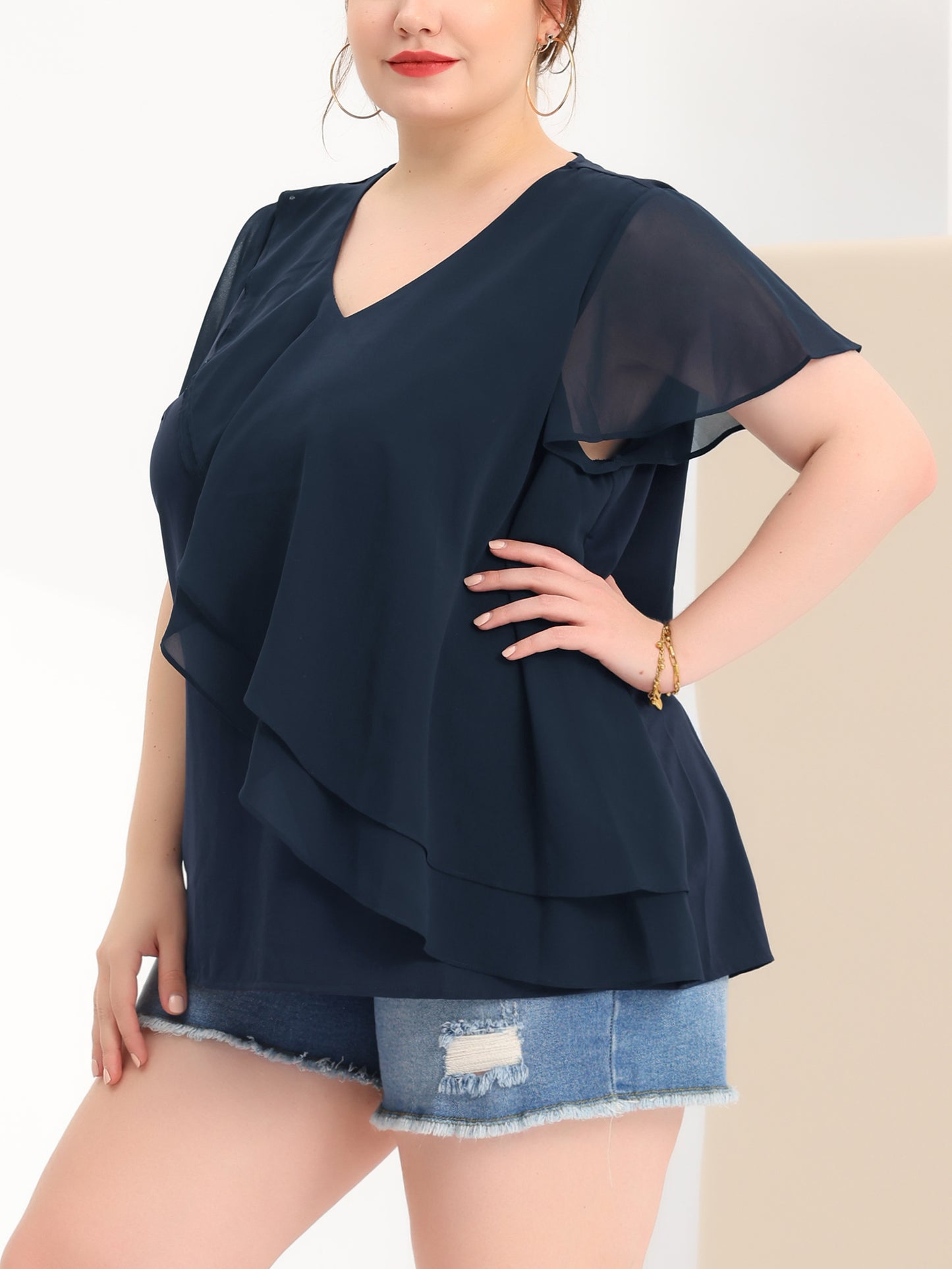 Women Plus Size Flutter Sleeves Tops V Neck Layer Chiffon Blouse Ruffle Top