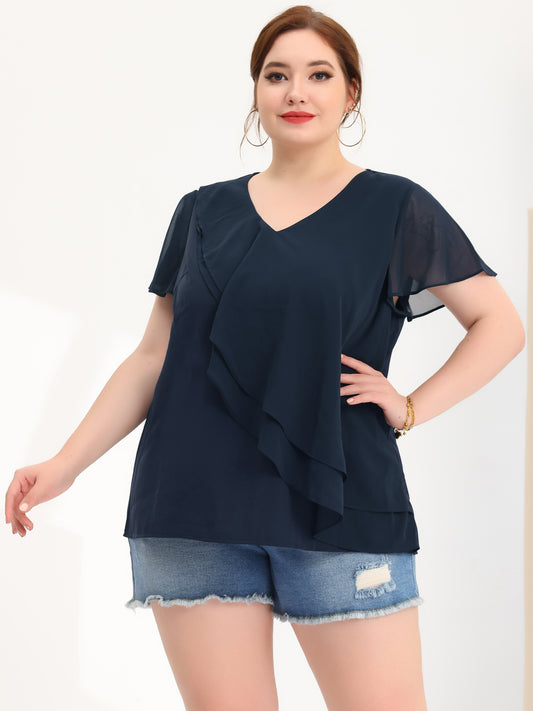 Women Plus Size Flutter Sleeves Tops V Neck Layer Chiffon Blouse Ruffle Top