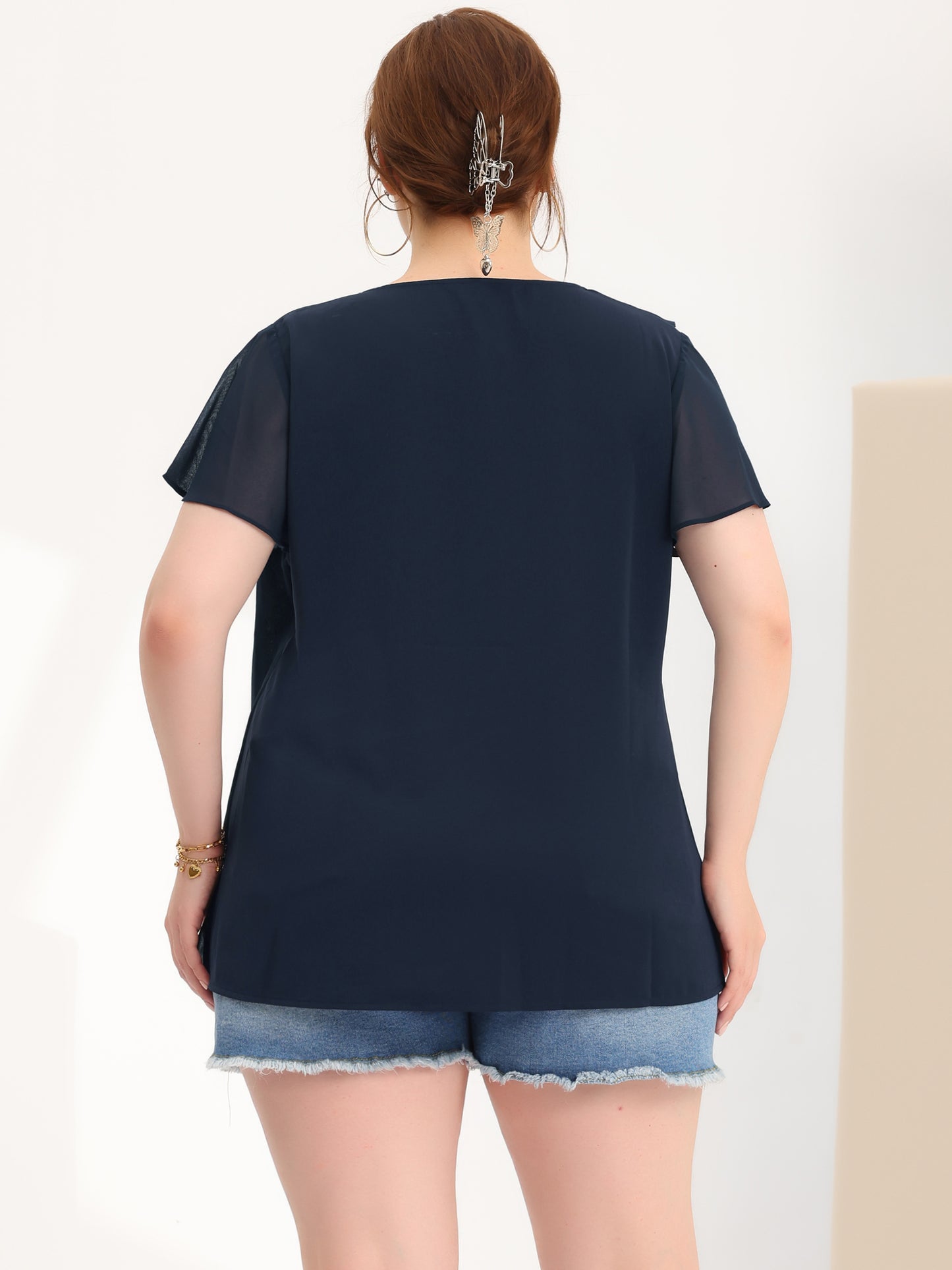 Women Plus Size Flutter Sleeves Tops V Neck Layer Chiffon Blouse Ruffle Top