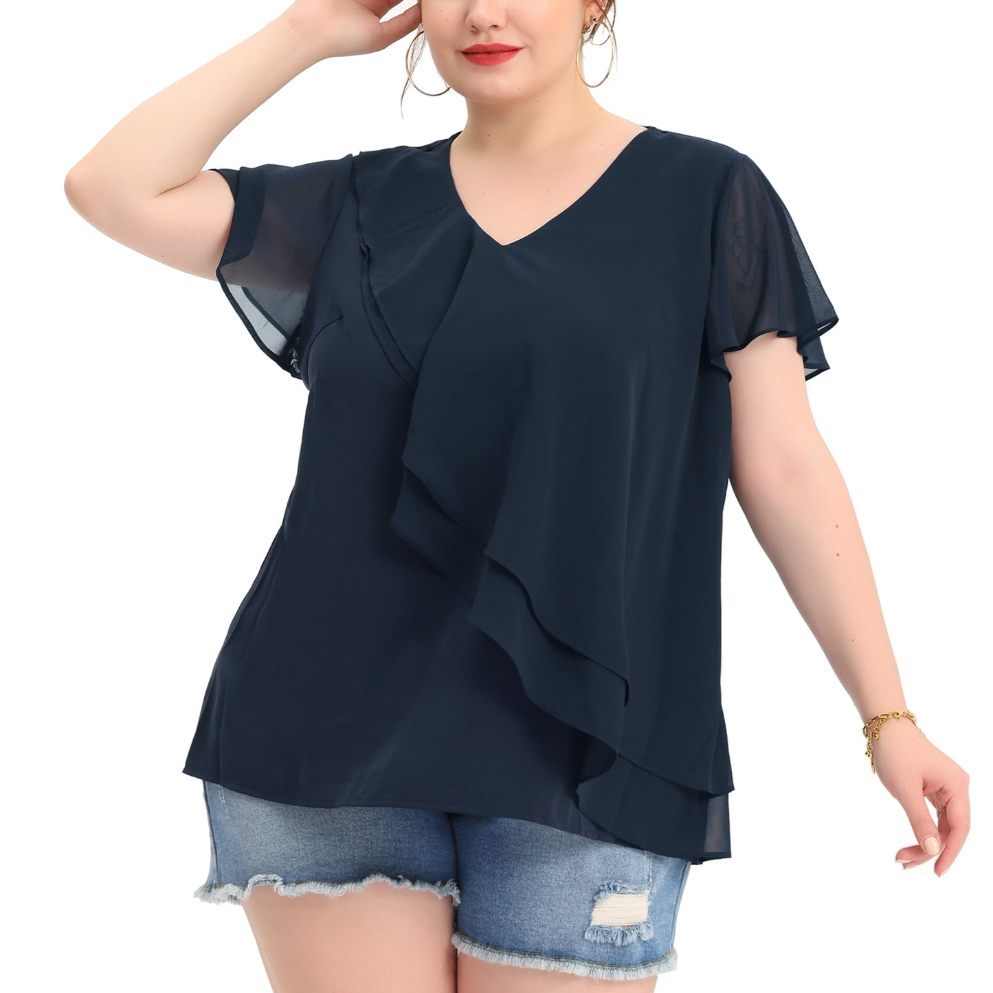 Women Plus Size Flutter Sleeves Tops V Neck Layer Chiffon Blouse Ruffle Top