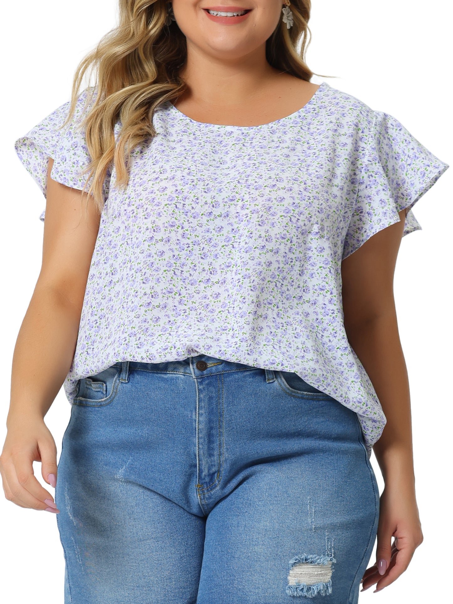 Women's Plus Size Summer Top Floral Round Neck Short Sleeves Ruffle Casual Blouse