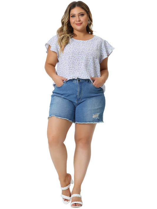 Women's Plus Size Summer Top Floral Round Neck Short Sleeves Ruffle Casual Blouse