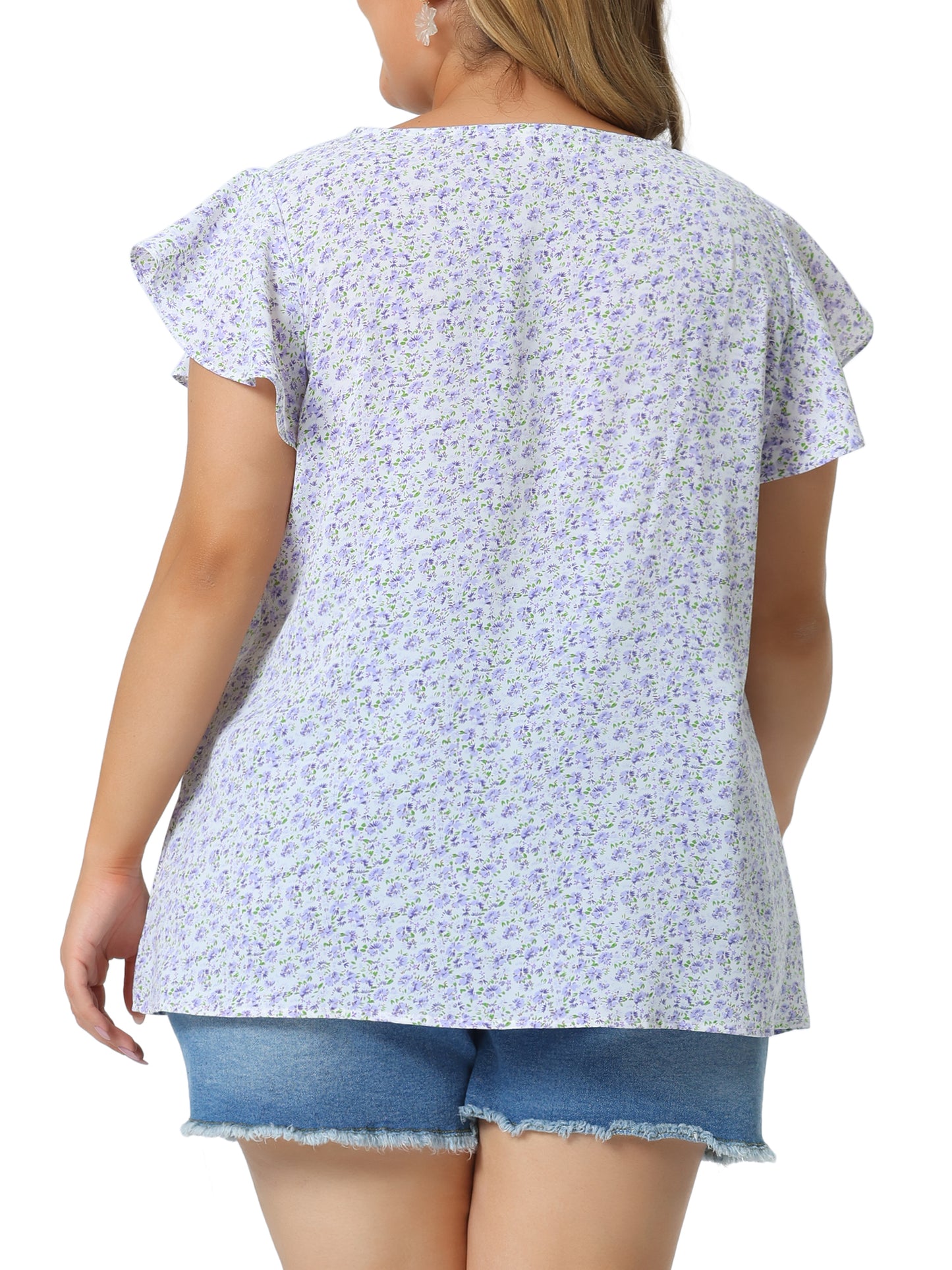 Women's Plus Size Summer Top Floral Round Neck Short Sleeves Ruffle Casual Blouse