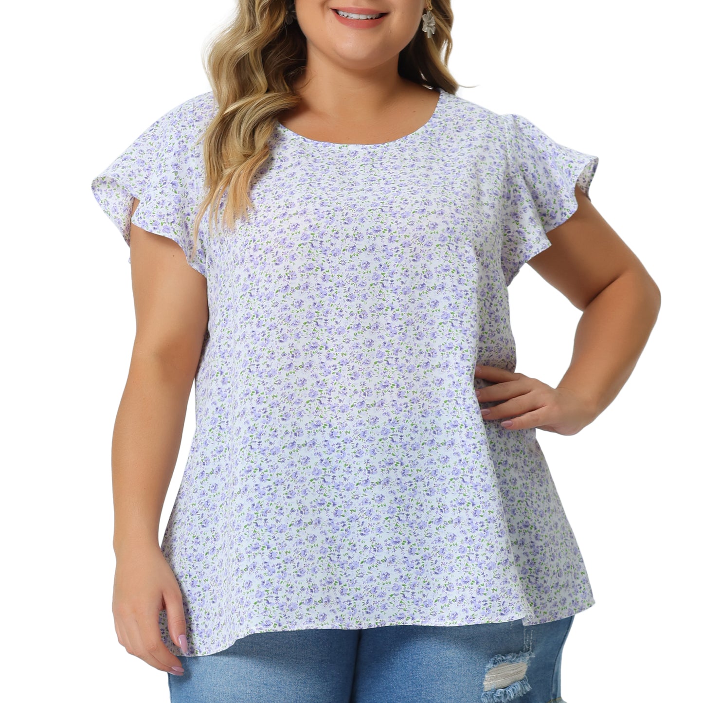 Women's Plus Size Summer Top Floral Round Neck Short Sleeves Ruffle Casual Blouse