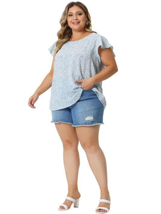 Women's Plus Size Summer Top Floral Round Neck Short Sleeves Ruffle Casual Blouse