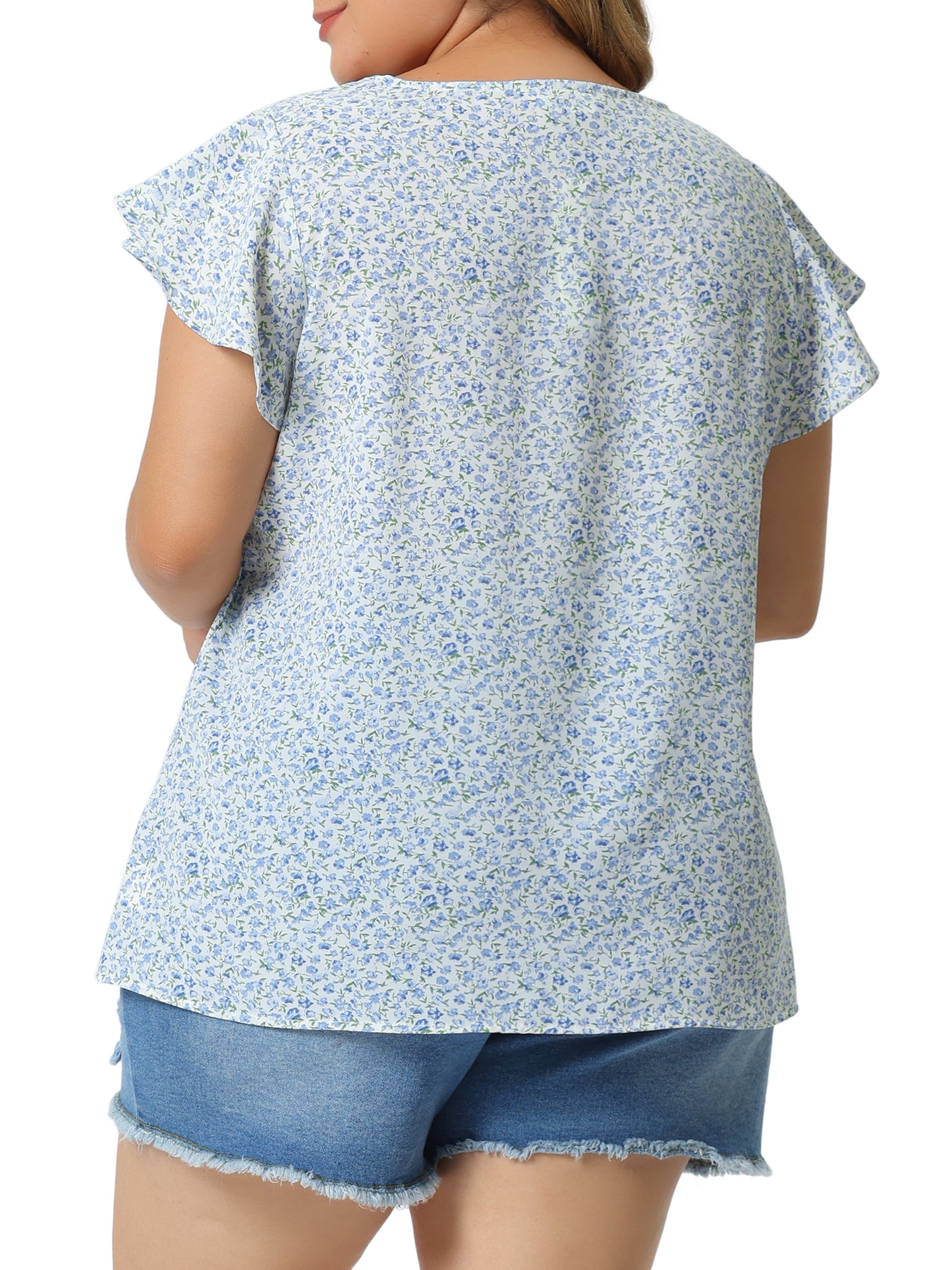 Women's Plus Size Summer Top Floral Round Neck Short Sleeves Ruffle Casual Blouse
