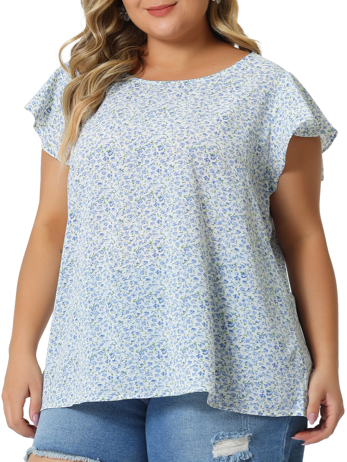 Women's Plus Size Summer Top Floral Round Neck Short Sleeves Ruffle Casual Blouse