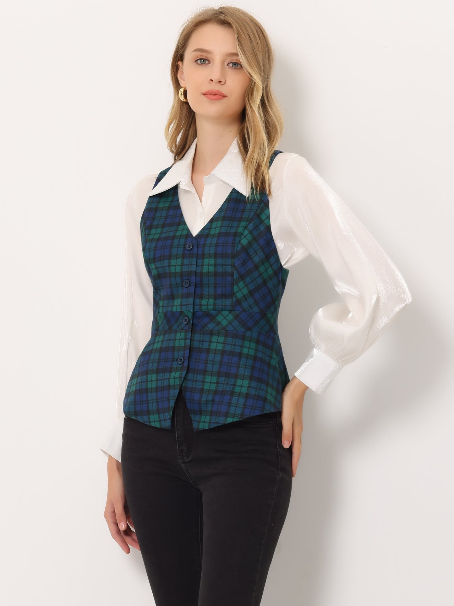 Women's Plaid Vest Single Breasted V Neck Vintage Racerback Waistcoat