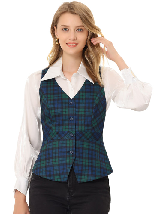 Women's Plaid Vest Single Breasted V Neck Vintage Racerback Waistcoat