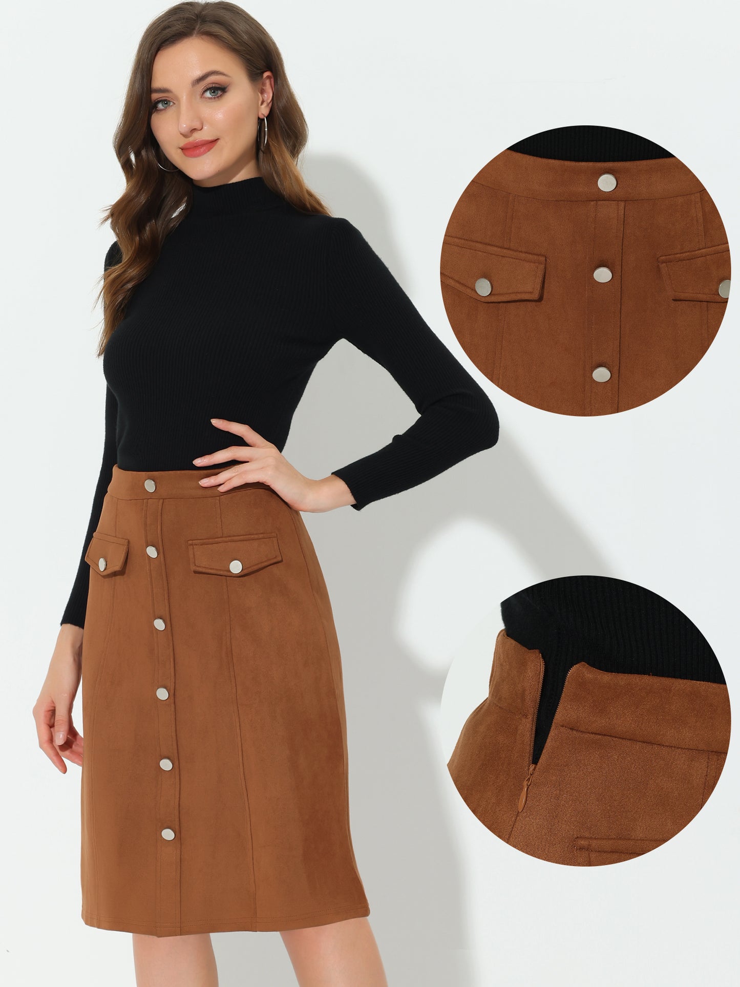Women's Faux Suede Skirt Button Front High Waist Fall Knee Length A-Line Skirts