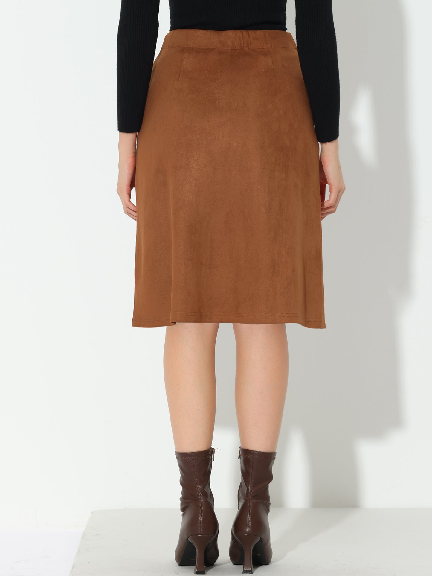 Women's Faux Suede Skirt Button Front High Waist Fall Knee Length A-Line Skirts