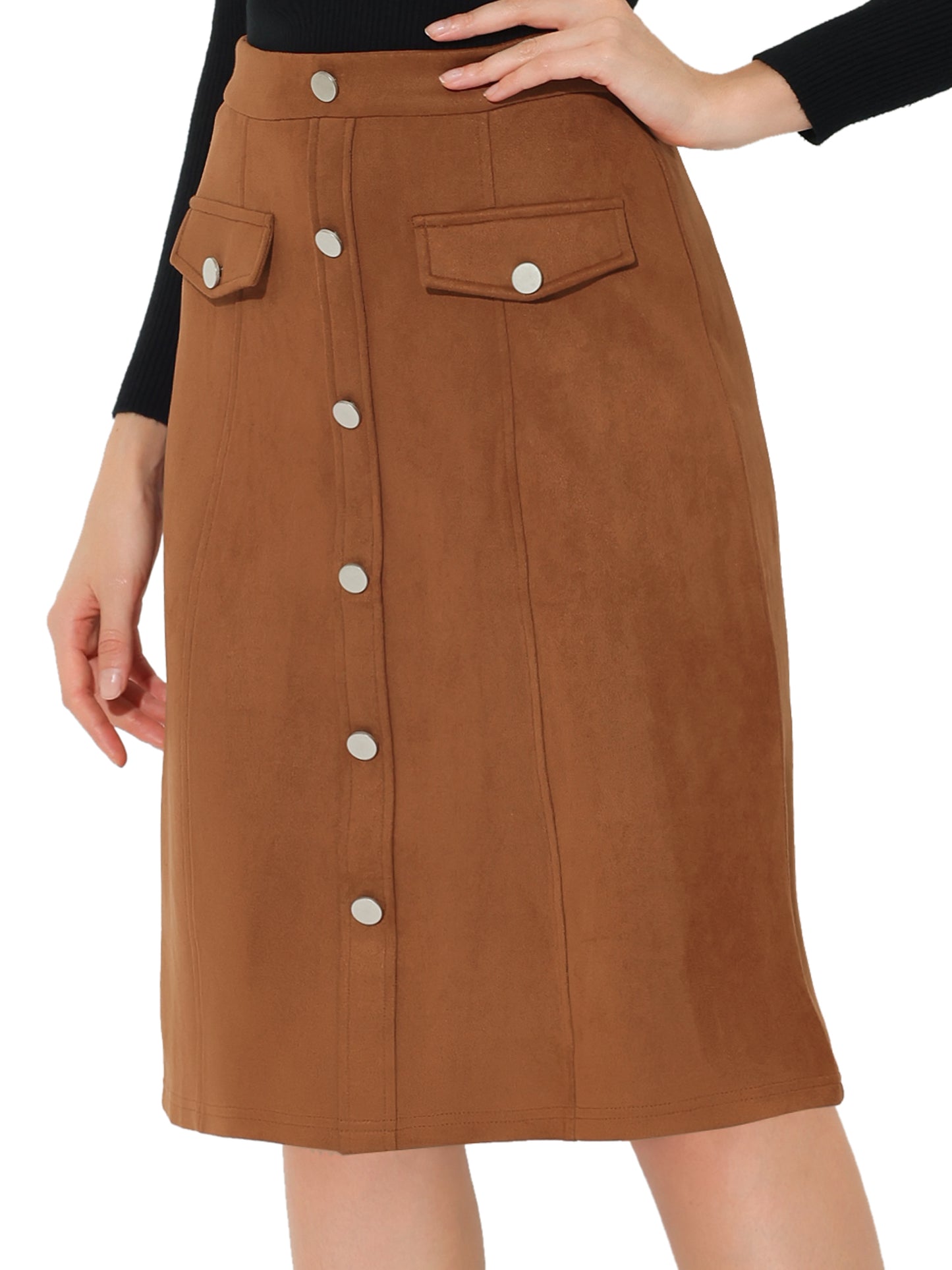Women's Faux Suede Skirt Button Front High Waist Fall Knee Length A-Line Skirts