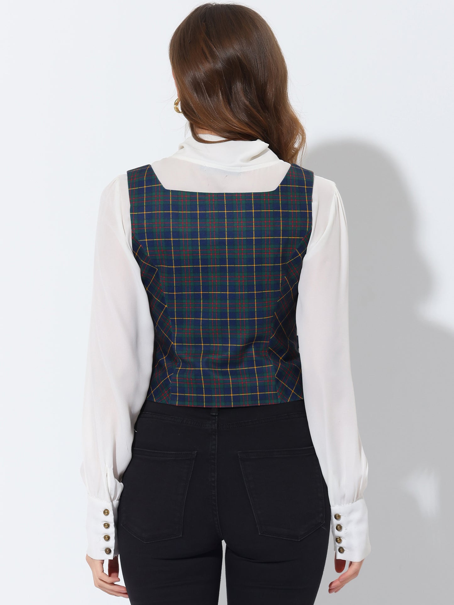 Women's Square Neck Single Breasted Vintage Plaid Waistcoat Vest