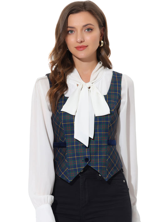 Women's Square Neck Single Breasted Vintage Plaid Waistcoat Vest