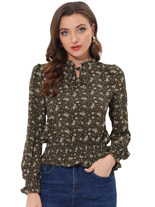 Women's Ruffle Neck Long Sleeve Cropped Smocked Floral Blouse