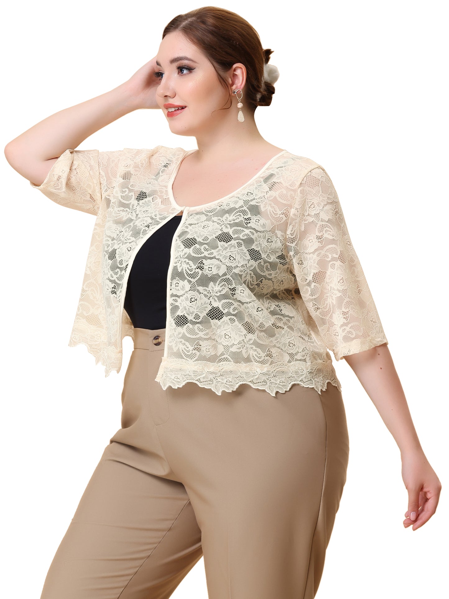 Women Plus Size Bolero Shrugs Floral Summer Cardigan 1/2 Sleeve Sheer Lace Shrug