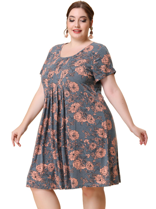 Women Plus Size Short Sleeves Pleated Summer Casual Loose Floral Dress
