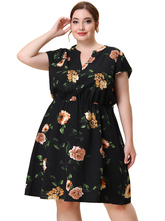 Women's Plus Size V Neck Belted Summer Floral Dresses