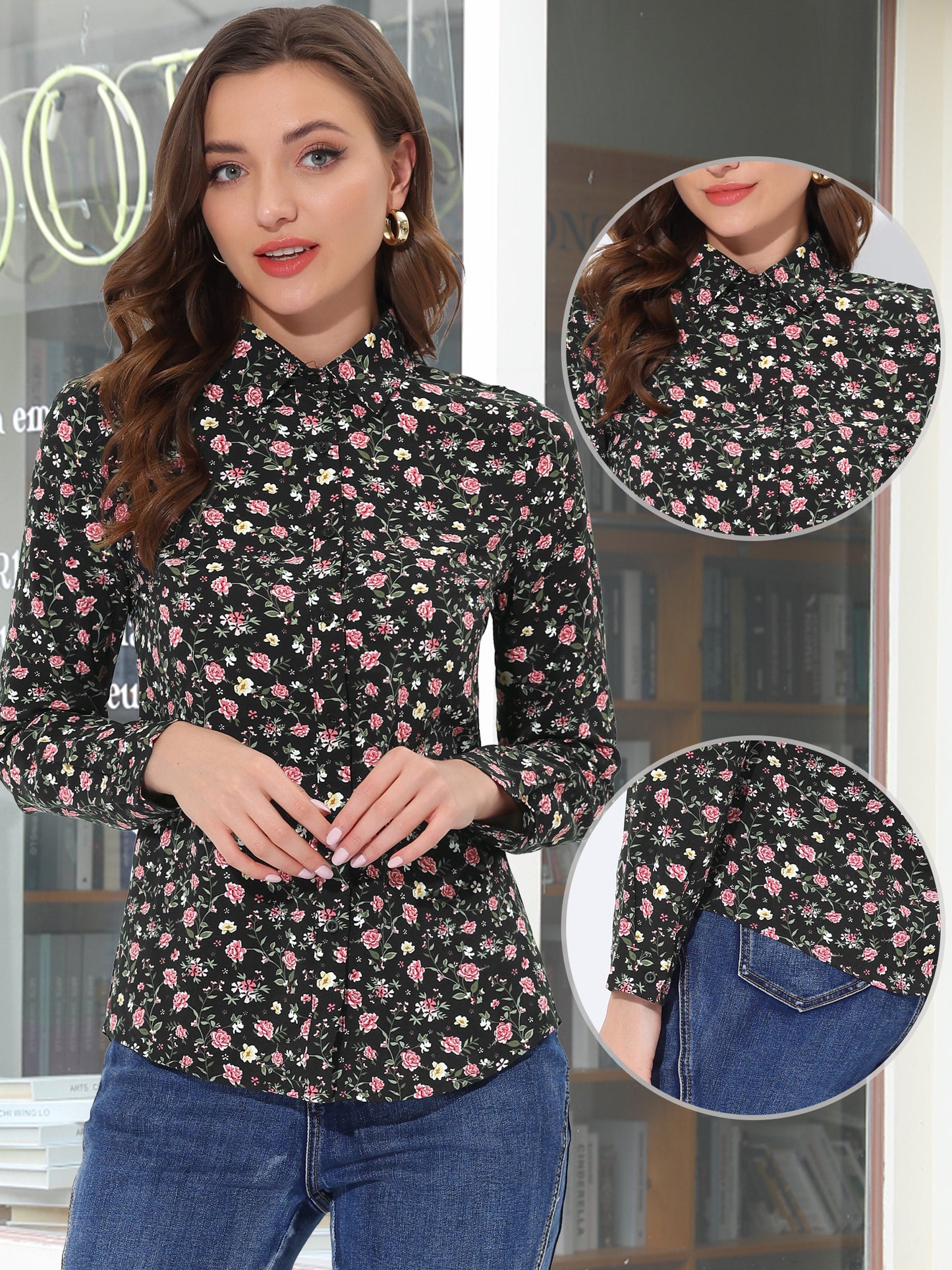 Women's Long Sleeve Button Down Ditsy Floral Shirt (Available in Plus Size)